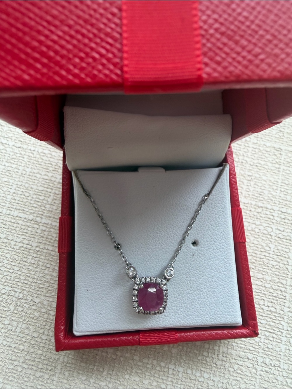 Macy's Silver Necklace with Ruby Cushion Center and Halo- 14k